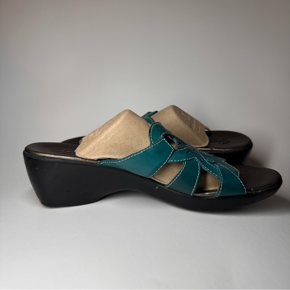 Clarks Bendable Women Sandals Wedge Slip On Floral Strappy Leather 9.5 Teal Blue - Picture 7 of 13